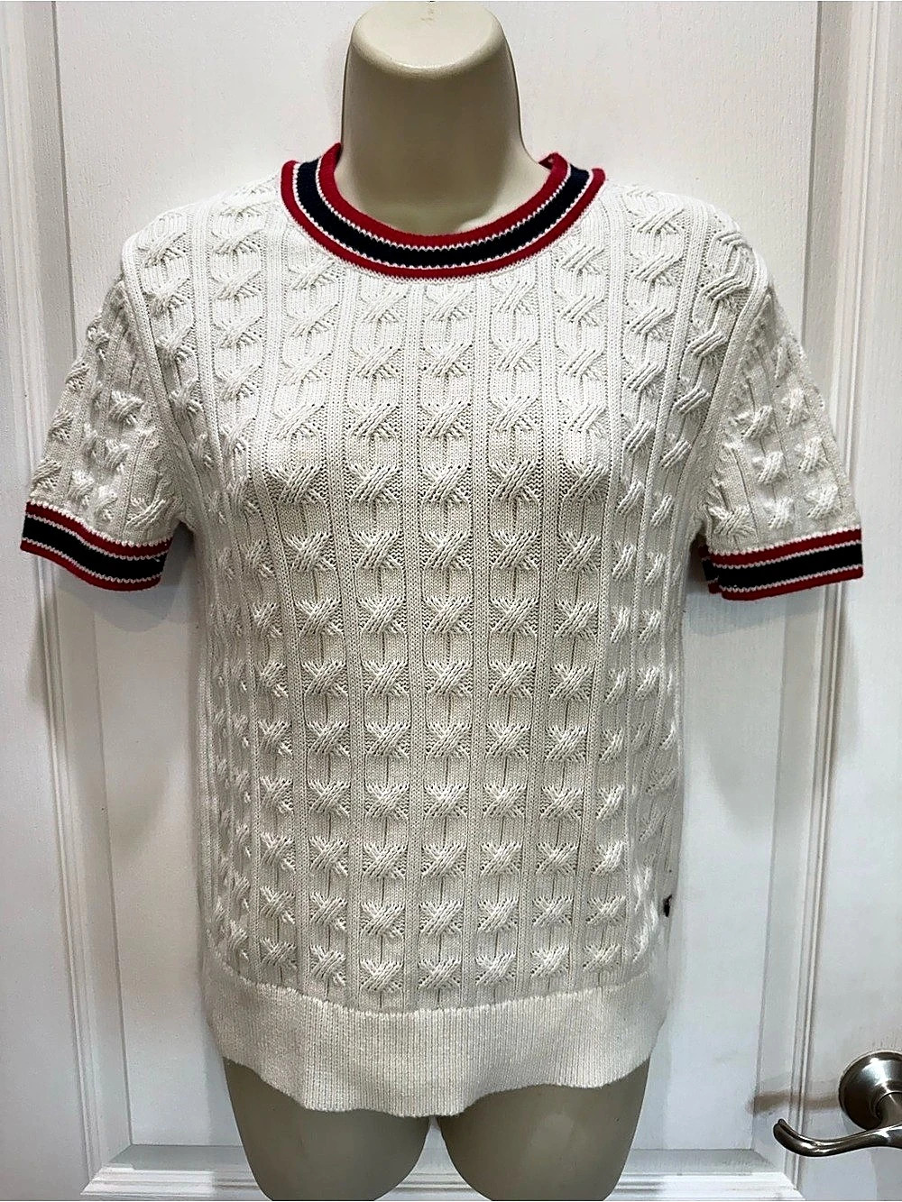 Tommy Hilfiger Short-Sleeve Stripe Cable Knit Sweater White & Red Medium